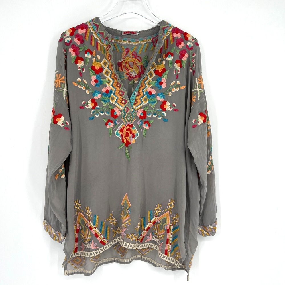 Johnny Was Top Womens S Floral Embroidered Jessa Tunic Boho Tribal Gray Hippie - Picture 2 of 7